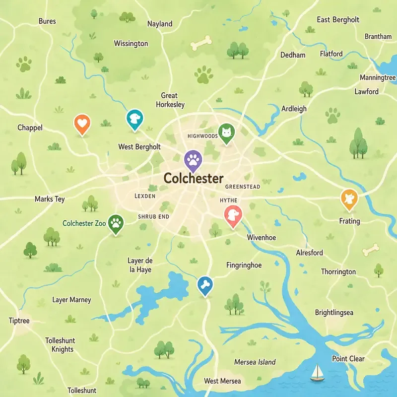 An illustrated map of Colchester and the surrounding villages within 10 miles