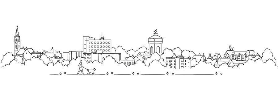 A hand-drawn skyline of Colchester with someone walking their dog