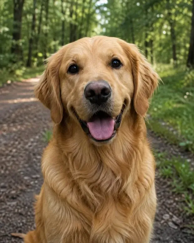 Biscuit, a golden retriever, on a woodland walk