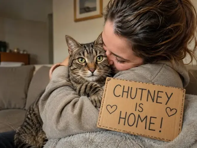 Chutney the cat, home safe with their owner